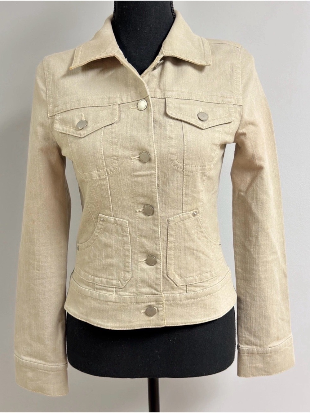 Vtg Stefanel Italy Khaki Beige Colored Denim Jacket Sz S 40 Trucker Shacket Y2K